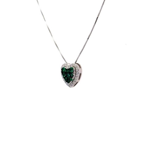 Collana con Ciondolo a Cuore Con Pavé Di con Smeraldi 0,30 ct e Diamanti 0,23 ct in Oro Bianco