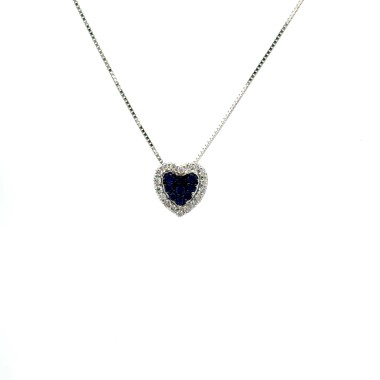 Collana con Ciondolo Cuore con Pavé di Zaffiri Blu 0,09 ct e Diamanti 0,11 ct in Oro Bianco