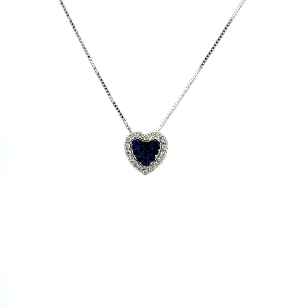 Collana con Ciondolo Cuore con Pavé di Zaffiri Blu 0,09 ct e Diamanti 0,11 ct in Oro Bianco