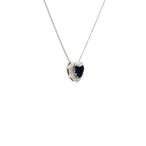 Collana con Ciondolo Cuore con Pavé di Zaffiri Blu 0,09 ct e Diamanti 0,11 ct in Oro Bianco