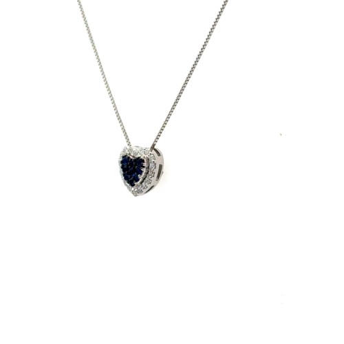 Collana con Ciondolo Cuore con Pavé di Zaffiri Blu 0,09 ct e Diamanti 0,11 ct in Oro Bianco