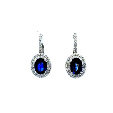 Orecchini Pendenti con Zaffiri Naturali Ovali e Doppio Contorno di Diamanti Naturali