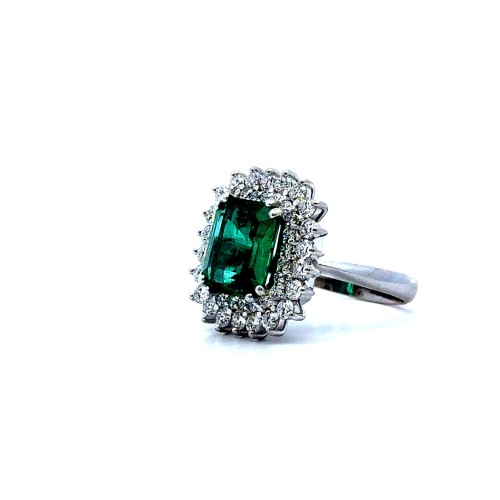 Anello con Smeraldo Naturale Rettangolare 3,64 ct e Doppio Contorno di Diamanti Naturali 1,34 ct