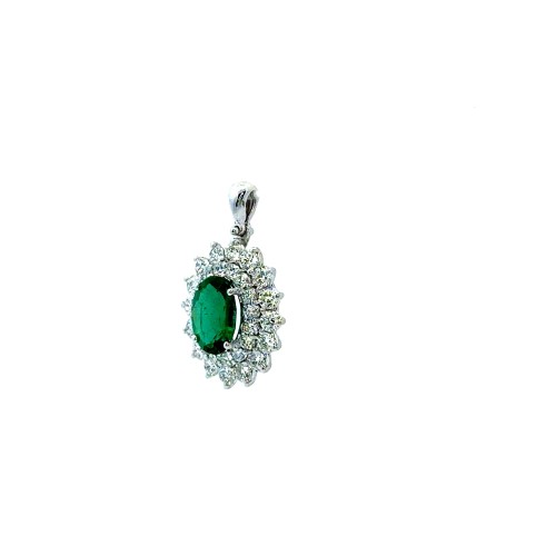 Pendente con Smeraldo Ovale 1,22 ct e Doppio Giro di Diamanti 1,13 ct