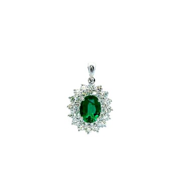 Pendente con Smeraldo Ovale 1,22 ct e Doppio Giro di Diamanti 1,13 ct