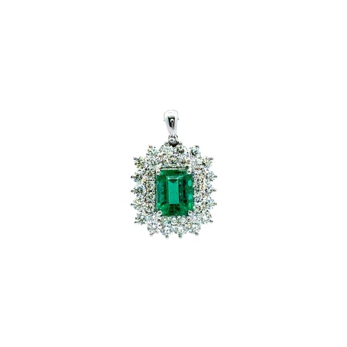 Pendente con Smeraldo Rettangolare 1,75 ct e Doppio Giro di Diamanti 1,29 ct