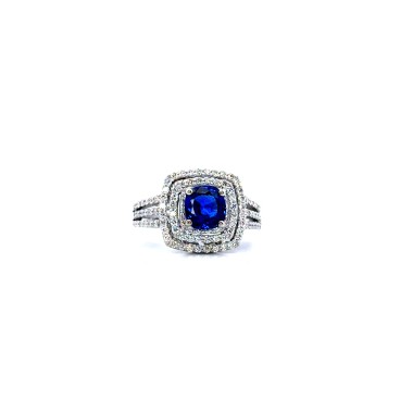 Anello con Zaffiro Naturale Cushion 1,63 ct e Diamanti 0,86 ct in Oro Bianco 18 Carati