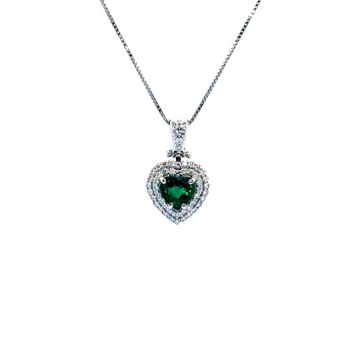 Collana con Pendente con Smeraldo a Cuore 0,57 ct e Doppio Giro di Diamanti 0,29 ct in Oro Bianco 18 Carati