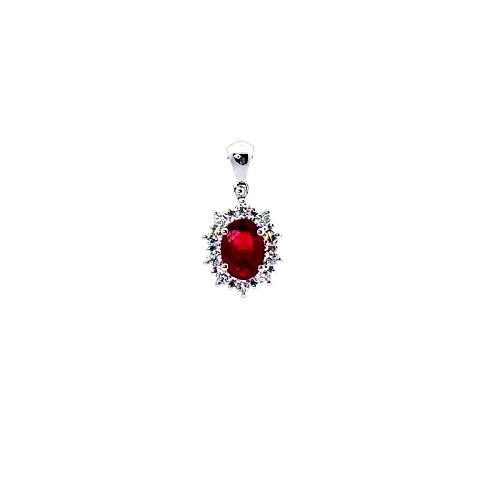 Ciondolo con Rubino Naturale Ovale 0,63 ct e Diamanti 0,20 ct in Oro Bianco 18 Carati