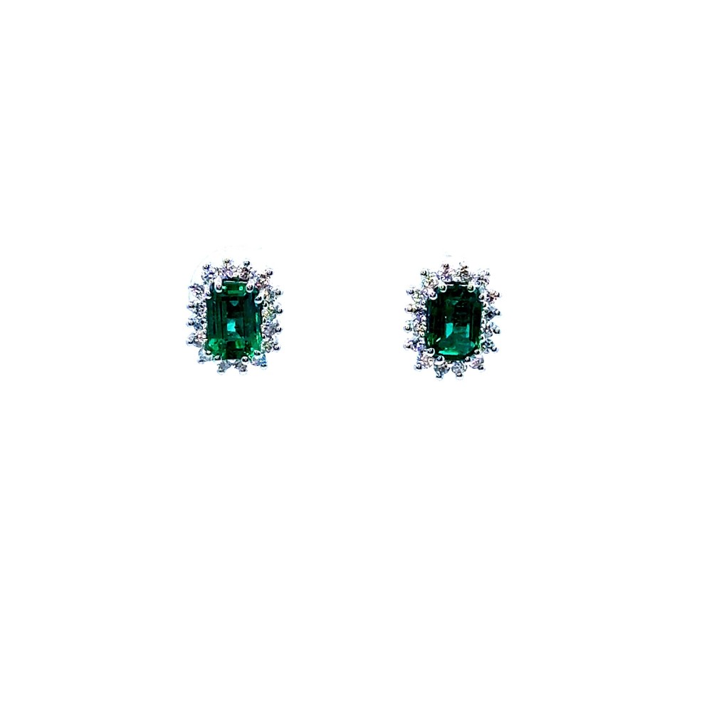 Orecchini con Smeraldi Naturali 1,13 ct e Diamanti 0,32 ct in Oro Bianco 18 Carati