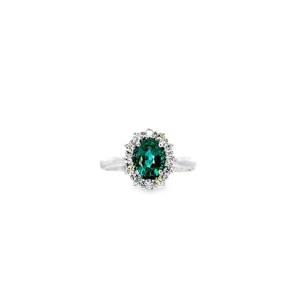 Anello con Smeraldo Naturale Ovale 1,25 ct e Diamanti 0,30 ct in Oro Bianco 18 Carati