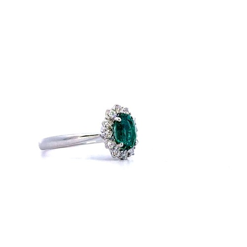 Anello con Smeraldo Naturale Ovale 1,25 ct e Diamanti 0,30 ct in Oro Bianco 18 Carati