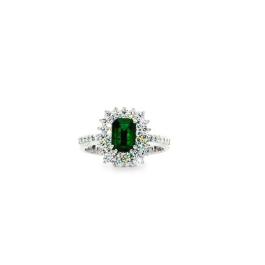 Anello con Smeraldo Naturale Rettangolare 1,05 ct e Diamanti 0,67 ct in Oro Bianco 18 Carati