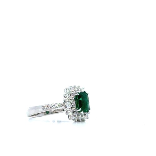 Anello con Smeraldo Naturale Rettangolare 1,05 ct e Diamanti 0,67 ct in Oro Bianco 18 Carati