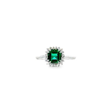 Anello con Smeraldo Naturale Quadrato 0,90 ct e Diamanti 0,16 ct in Oro Bianco 18 Carati