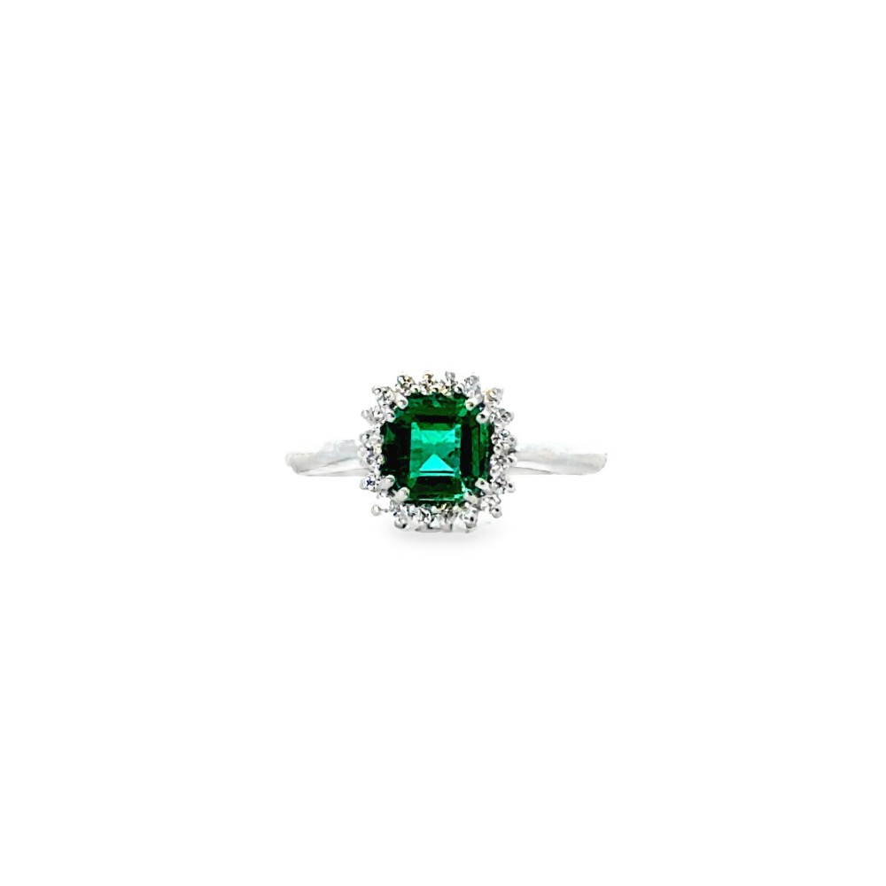 Anello con Smeraldo Naturale Quadrato 0,90 ct e Diamanti 0,16 ct in Oro Bianco 18 Carati