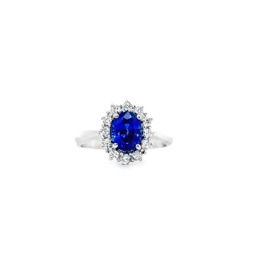 Anello con Zaffiro Naturale Ovale 1,90 ct e Diamanti 0,33 ct in Oro Bianco 18 Carati