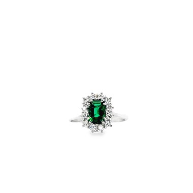 Anello con Smeraldo Naturale Rettangolare 0,80 ct e Diamanti 0,30 ct in Oro Bianco 18 Carati