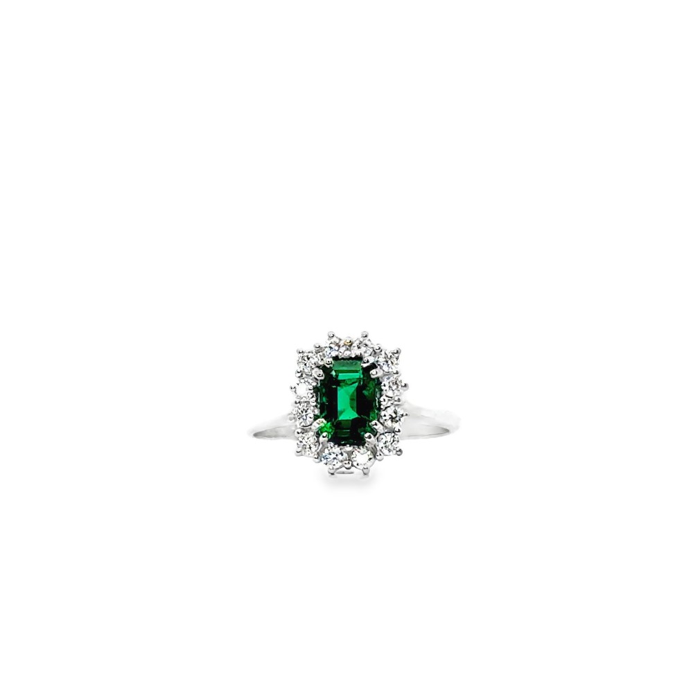 Anello con Smeraldo Naturale Rettangolare 0,80 ct e Diamanti 0,30 ct in Oro Bianco 18 Carati