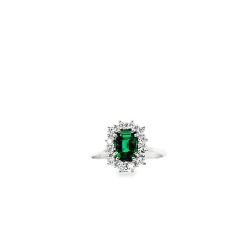 Anello con Smeraldo Naturale Rettangolare 0,80 ct e Diamanti 0,30 ct in Oro Bianco 18 Carati