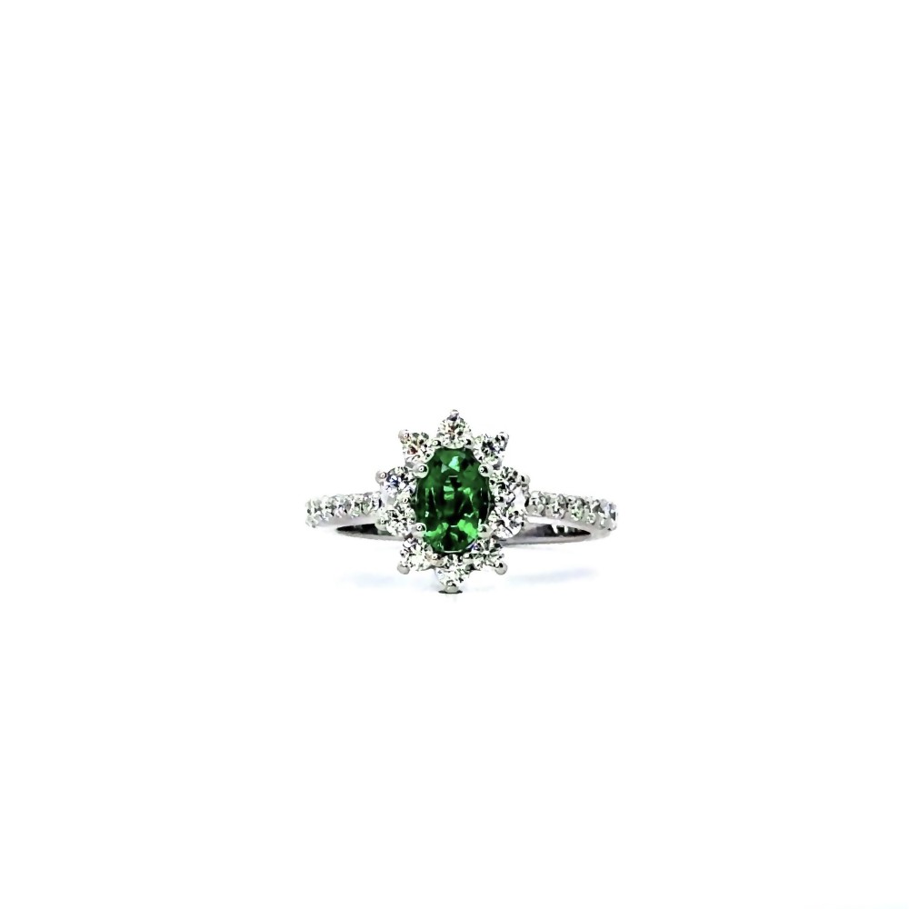 Anello con Smeraldo Naturale Ovale 0,53 ct e Diamanti 0,71 ct in Oro Bianco 18 Carati