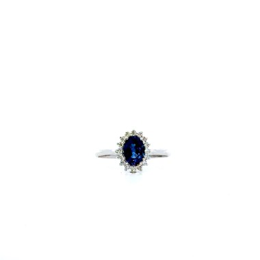Anello con Zaffiro Naturale Ovale 1,02 ct e Diamanti 0,13 ct in Oro Bianco 18 Carati