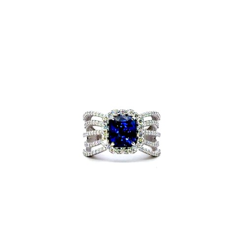 Anello con Zaffiro Naturale Cushion Cornflower 2,57 ct e Diamanti Naturali 0,92 ct
