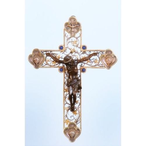 Croce in argento 925, lapistazulli e legno inciso a mano
