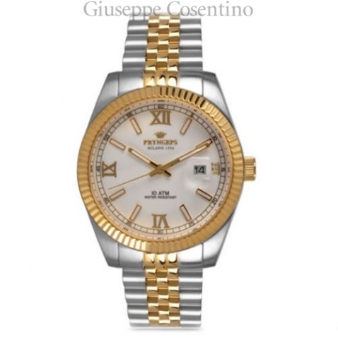 Pryngeps, Orologio da uomo modello lusso in acciaio bicolore quadrante bianco. Pryngeps, Orologio da uomo modello lusso in acciaio bicolore quadrante bianco.