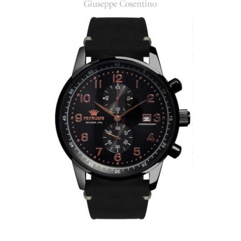 PRYNGEPS men chronograph watch in stainless steel with black leather strap.  Ref: CR626 / N