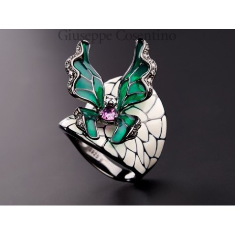 Cameo Italian, Butterfly Ring 925 silver and enamels