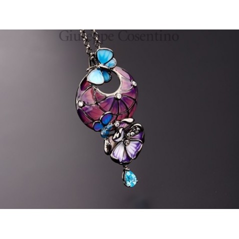 Cameo Italiano, Ciondolo Fiori e Farfalla in argento 925 e smalti Cameo Italiano, Ciondolo Fiori e Farfalla in argento 925 e smalti