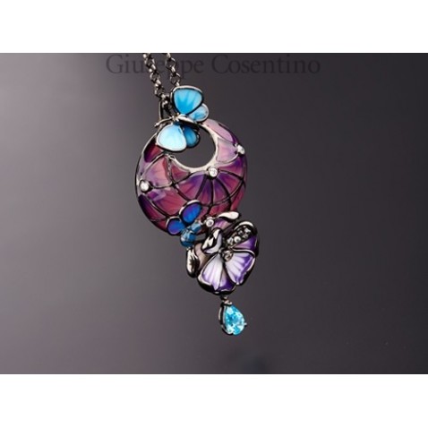 Italian cameo, pendant flowers and butterfly 925 silver and enamels