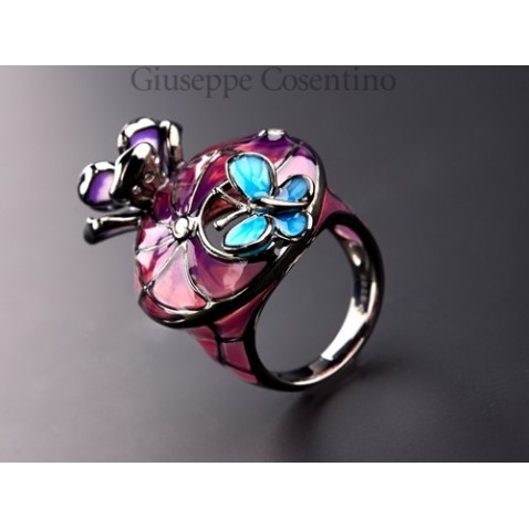 Cameo Italian, Flowers and Butterfly Ring 925 silver and enamels