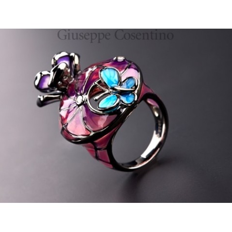 Cameo Italiano, Anello Fiori e Farfalla in argento 925 e smalti Cameo Italiano, Anello Fiori e Farfalla in argento 925 e smalti